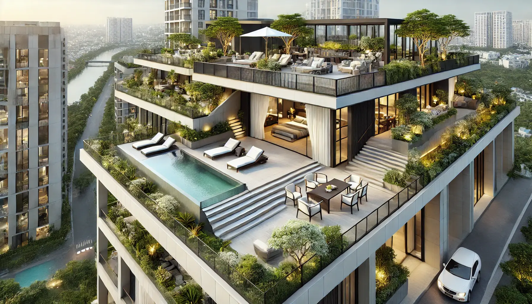 Sky Villas with exclusive amenities like private pools, outdoor kitchens, gardens, and relaxation areas