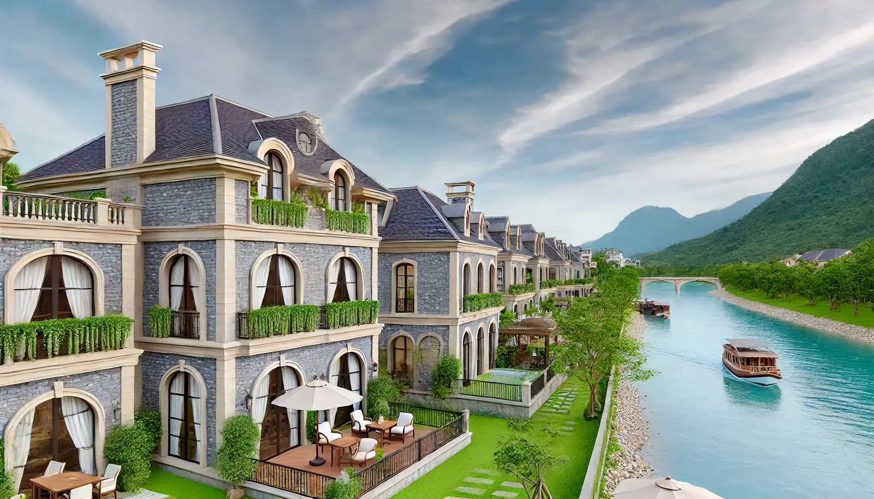 Row of simple European-style villas with mountain and river views