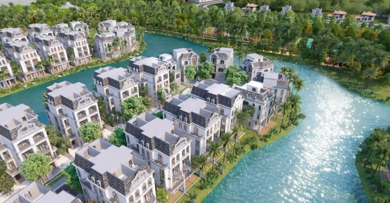 Row of detached villas by Pearl Lake at Vinhomes Ocean Park