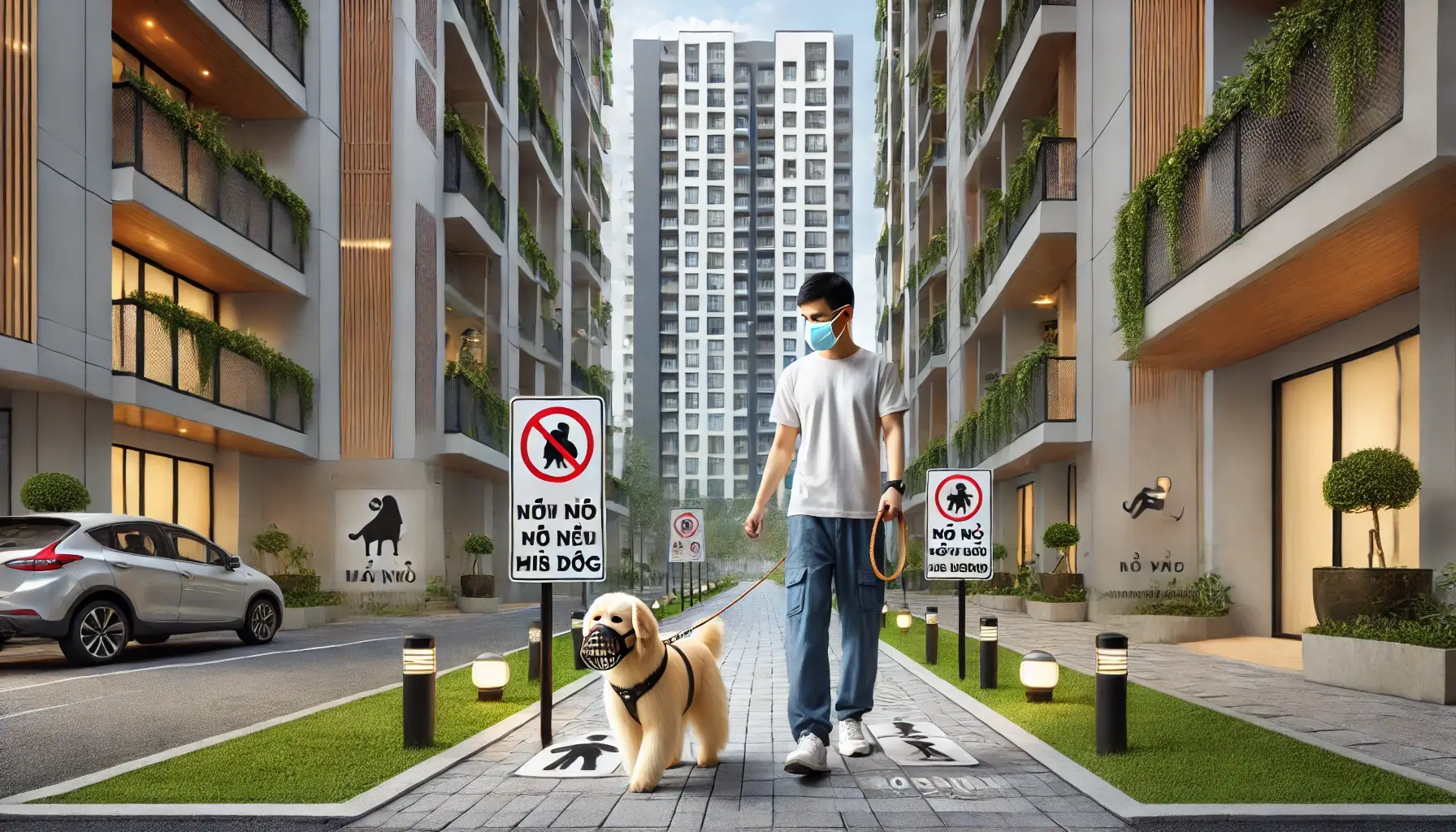 một người đang sử dụng rọ mõm và dây xích khi đưa thú cưng ra ngoài ở vinhomes smart city